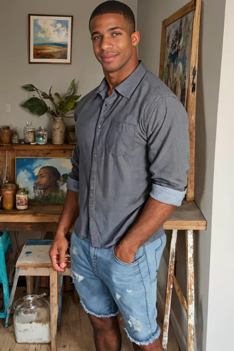 (solo), RAW Photo, photo of (light brown skin:1) African American man sc_chad3 <lora:sc_chad3-06:0.75> painting in a well-lit spacious artist's loft surrounded by canvases, wearing slate gray button down cotton shirt and distressed jeans, paintings and sculptures in the background, exposed brick walls, pottery, large wooden easel stands, natural light, industrial-style windows, soft flow, inspired artistic mood, paint jars, brushes, distant gaze, lost in thought, contemplative, strong