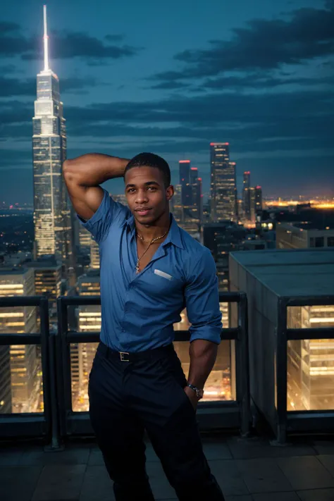 RAW Photo, photo of (light-skinned:1) African American man sc_chad3 <lora:sc_chad3-06:0.75> mid-dance on a rooftop overlooking a bustling cityscape at twilight wearing Deep midnight blue shirt with African motifs and loose tapered pants, glow of the setting sun, vibrant ambiance, confidently dancing, athleticism, confidence, urban aesthetic, rhythm, skyscrapers, neon lights, music, (jet magazine)
