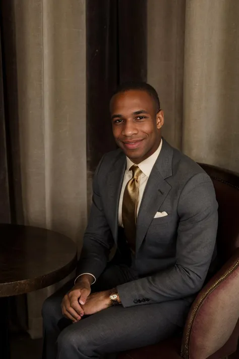 RAW Photo, photo of (light-skinned) African American man sc_chad3 <lora:sc_chad3-06:1> sitting introspectively in a booth in a Parisian-style cafe, contemplative smile, wearing charcoal tailored (tom ford suit) with ivory dress shirt and silk burgundy gucci tie with gold accents, deep mahogany walls, ambient glow, dim interior, soft daylight filtering through lace curtains,serene atmosphere, nostalgic atmosphere, (vanity fair magazine), (photo by Sebastião Salgado)
