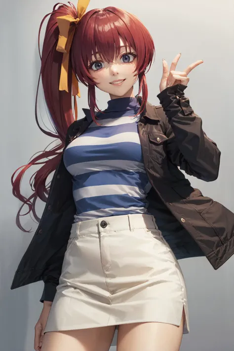(masterpiece, best quality:1.2), <lora:comicparty_takase-10:0.8>, cowboy shot, solo, 1girl, takase mizuki, smile, looking at viewer, own hands together, side ponytail, hair ribbon, open clothes, open jacket, striped shirt, skirt