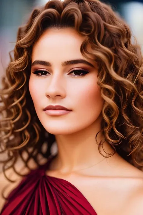 A stunning intricate full color portrait of a 18 year old beautiful woman,wearing a elaborate dress, red carpet on a hollywood movie premiere, happy, epic character composition,by ilya kuvshinov, alessio albi, nina masic,sharp focus, natural lighting, subsurface scattering, f2, 35mm, film grain , curly hair, portait, closeup, very detailed skin texture <lora:Draghixa:1>