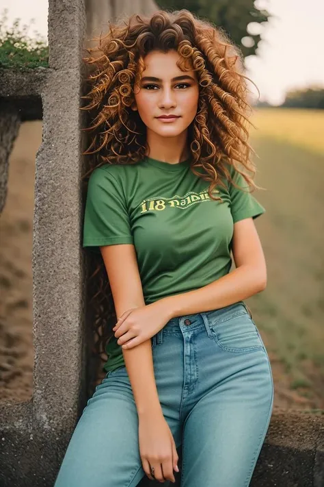 A stunning intricate full color portrait of a 18 year old beautiful woman,wearing jeans and green t-shirt, happy, epic character composition,by ilya kuvshinov, alessio albi, nina masic,sharp focus, natural lighting, subsurface scattering, f2, 35mm, film grain , curly hair <lora:polyhedron_skinny_all:0.3> <lora:Draghixa:1>