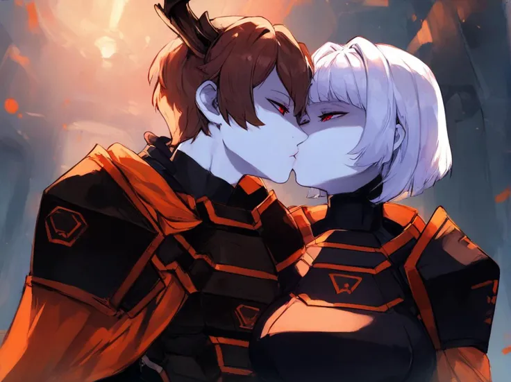 (score_9, score_8_up:1.1), score_7_up, masterpiece, futuristic meeting room background, two peoples kissing each other
BREAK
<lora:Rudolph_Limbus_Model:1>, RudolphLOR, horns, broken horn, upper body, short hair, bangs, brown hair, gloves, 1boy, red eyes, kiss another person, closed mouth, standing, half closed eyes, shaded face, black gloves, orange cape, black armor, hugging another person 
BREAK
 <lora:Myo_LOR_Model:1>, LibMyo, 1girl, upper body, breasts, kiss another person, short hair, large breasts, red eyes, closed mouth, half closed eyes, shaded face, white hair, belt, orange cape, black armor, pale skin, hugging another person