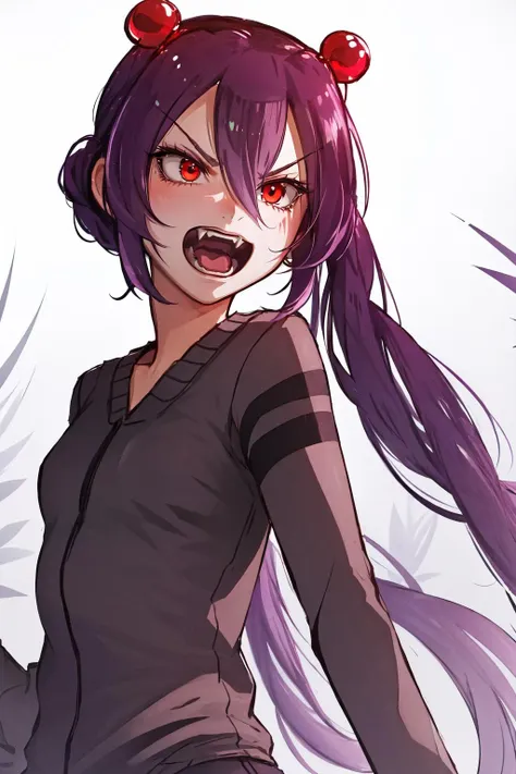 Highly detailed, High Quality, Masterpiece, beautiful, Spider-chan, <lora:Spider:0.8>, 1girl, solo, upper body, open mouth, furrowed brow, fangs, angry