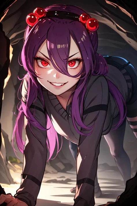 Highly detailed, High Quality, Masterpiece, beautiful, Spider-chan, <lora:Spider:0.8>, 1girl, solo, all fours, inside of a cave, dark, glowing eyes, upper body, furrowed brow, smile, looking at viewer