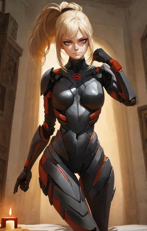 sketch masterpiece, cowboy shot, (dynamic pose), night shrine, light smile, best quality, (1girl) (ninja exoskeleton power armor bodystocking) woman, small breasts (leg armor), white asymmetrical hair blunt bangs, short hair with long locks, (ponytail hair), eyeliner, multicolored eyes, perfect face, beautiful nose, detailed pupil, beautiful eyes, detailed eyes, expressive eyes, Casey Baugh, Michael Garmash, Donato Giancola, candle lit bedroom background, (anime) (pixar) [boku no hero academia], by Jeremy Lipking