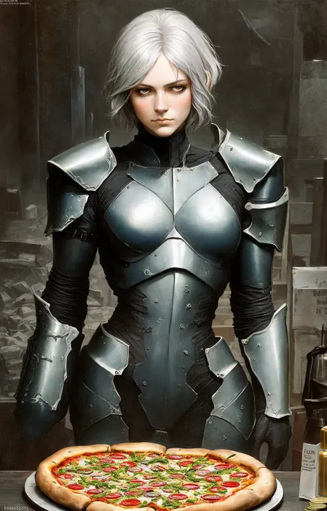 portrait, masterpiece, best quality, (photograph:1.3), (demon 1girl, dynamic pose, science fiction, loot, coin, wind, ((Sayagata hacker (neon trim) armor:1.2)), Navy Uniform, grey hair very short hair flipped hair, sparkle eyes), small breasts, (highly detailed), (perfect face),((eyelashes)), (realistic:1.4), thick lips, spot color, warehouse background, pizza, by Jeremy Lipking, by Antonio J. Manzanedo, by Frederic Remington, by HW Hansen, by Charles Marion Russell