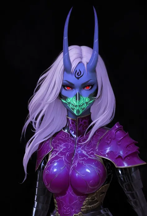 portrait, masterpiece, best quality, (photograph:1.3), (beautiful blue skin oni, oni horns, 1girl, dynamic pose, evil, transparent kitsune mask, wind, ((latex armor:1.2)), tight clothing, long white hair bangs, perfect face, red eyes), small breasts, (highly detailed), (perfect face),((eyelashes)), (realistic:1.4), thick lips, spot color, black background, by artgerm and greg rutkowski, by guweiz and wlop and artgerm, by Akihiko Yoshida, Mark Arian, Sakimi Chan, Mogoon,