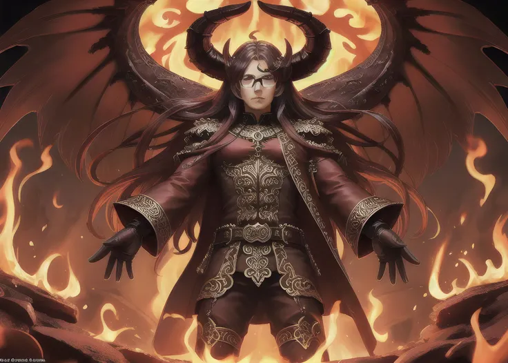 (masterpiece)+, (best quality)+, (Intricate detail)+, Demon wearing glasses in hell, long hair, menacing,