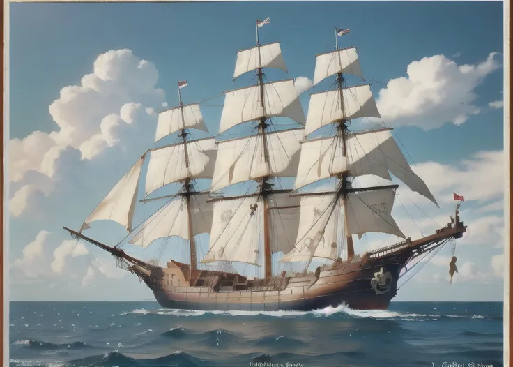 A stunning intricate full color photo of a vintage pirate ship, fluffy clouds