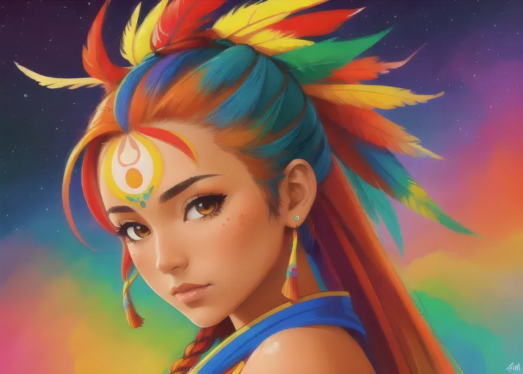 a painting of a extremely psychedelic portrait of a north american indian in her hair,drawn in the style of artgerm,front page of art station,video game characters designs,vibrantly colored,skin,orange flowing hair,header,