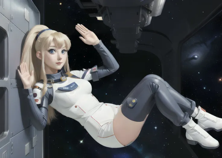 Woman with ,golden white hair,Blue eyes,,,black spacesuit sucking dick