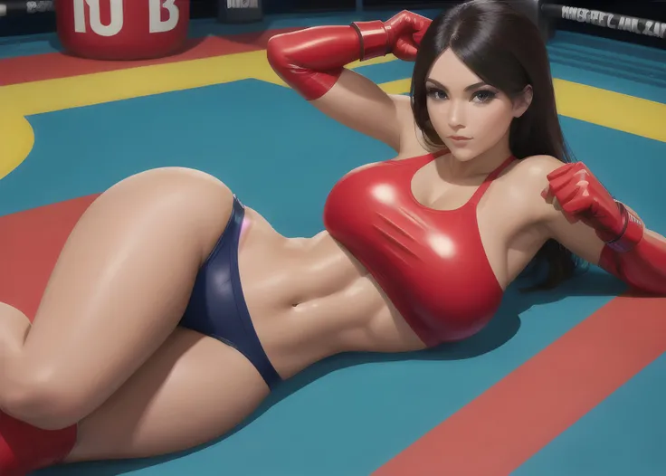 colorful, hand drawn, vibrant colors, a half portrait of 4ndr34b0t3z, gorgeous face, (detailed facial features), wearing boxing gloves, red lipstick, toned arms, flat stomach, (muscular:0.4), dark hair, looking at camera, posing, model pose, ultra detailed texture boxing jacket, punching bag, boxing ring, Instagram bombshell, <lora:add_detail:0.8>