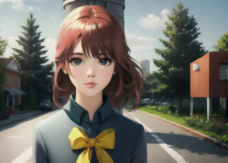 girl with yellow ribbon, water tower background