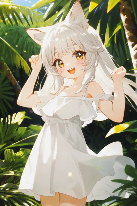 1girl, happy, cat ears, white dress, white sock, forest, jungle, glitter, cowboy shot,