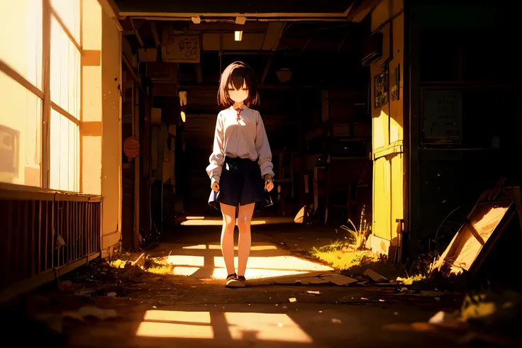 1girl,standing, abandoned, melancholic, upper body, solo, solo focus, depth of field, detailed, BREAK, lonely in an empty world, Solitary, light, shadow, detailed background, landscape