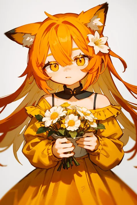 1girl, cute, fox ears, orange hair, standing, orange eyes, freckles, head tilt, long hair, looking at viewer, yellow dress, long sleeves, upper body, white flower, holding flower, holding bouquet, extra ears, dress, grey background, simple background, <lora:kikentest1:1>