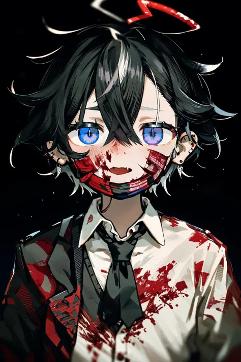 blood on clothes, 1boy, blood on face, male focus, @ @, white shirt, fang, ear piercing, mouth mask, jewelry, earrings, black hair, collared shirt, open mouth, looking at viewer, short hair, hair between eyes, blue eyes, upper body, black background, blood splatter, nosebleed, ringed eyes, bangs, <lora:kikentest1:1>