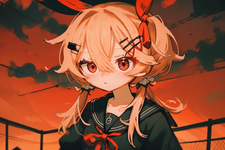 1girl, red eyes, hair ornament, looking at viewer, red ribbon, red sky, hairclip, twintails, red theme, sailor collar, upper body, bangs, hair between eyes, hair ribbon, serafuku, closed mouth, school uniform, <lora:kikentest1:1>