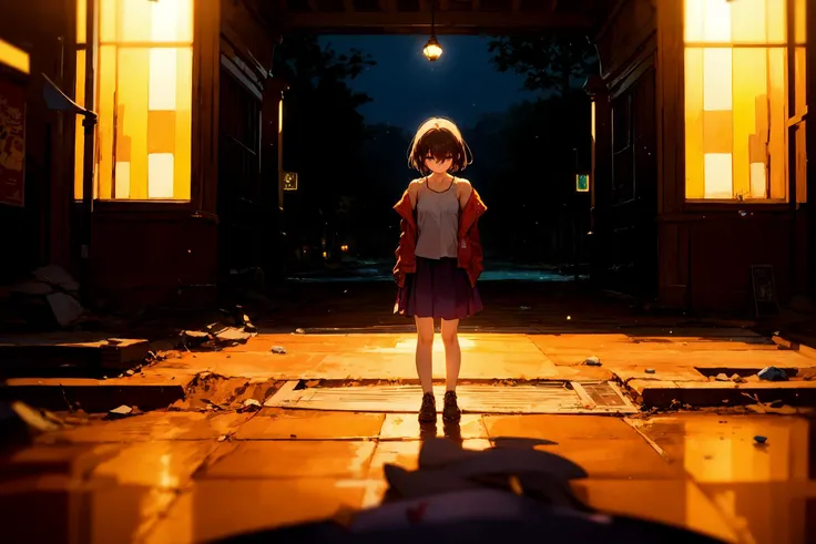 1girl,standing, abandoned, melancholic, upper body, solo, solo focus, depth of field, detailed, BREAK, lonely in an empty world, Solitary, light, shadow, detailed background, landscape