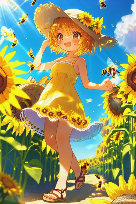 sun-kissed quality, brilliant details, BREAK 1girl, chibi, sunlit, (sun hat:1.14), BREAK summer sunflower field, towering sunflowers, (bees:1.18), BREAK (summer dress, sandals:1.1), twirling, lighthearted, sunny, (radiant beams:1.15)