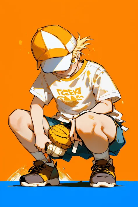 blonde hair, 1boy, white shirt, hat, male focus, yellow eyes, simple background, blue shorts, short hair, shoes, squatting, denji (chainsaw man), orange background, looking down, male child, looking at object, brown footwear, baseball cap, full body, aged down, short sleeves, yellow background, <lora:kikentest1:1>