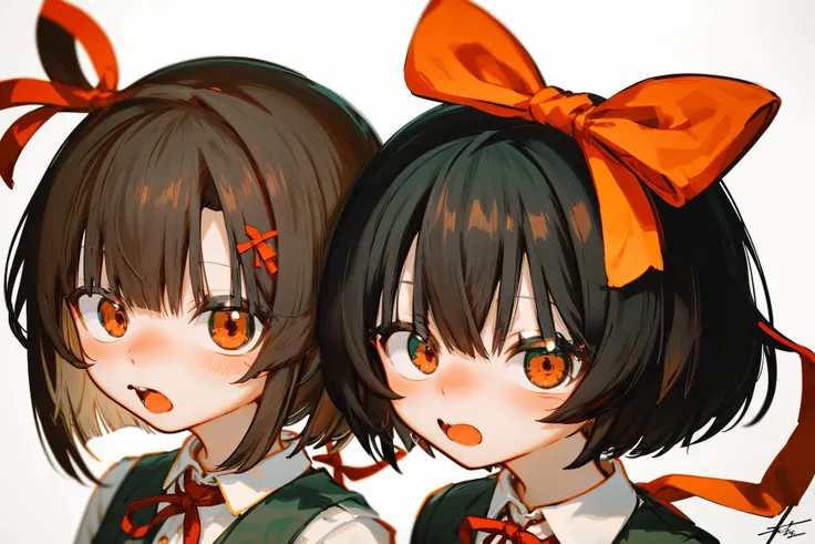 nishikigi chisato, multiple girls, 2girls, inoue takina, black hair, red ribbon, short hair, bangs, hair ribbon, lycoris uniform, red eyes, open mouth, blush, green ribbon, white background, looking at viewer, signature, simple background, collared shirt, neck ribbon, white shirt, portrait, bob cut, <lora:kikentest1:1>