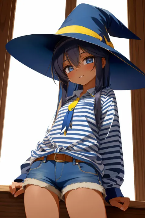 1girl, by Charles Gwathmey, Rugged Jamaican person, wearing Cool Striped shirt and denim shorts, Flirty Witch Hat, inside a Sweden, at Overcast, Cosy, broad lighting