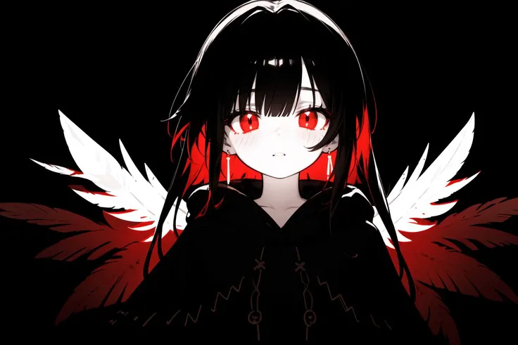 dark-theme (neon-light high-contrast:1.2) hdr chiaroscuro feather-earrings simple-background curious black-background (red:1.2) black 1girl (poncho) patterned