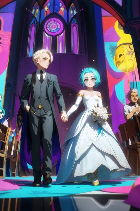 1girl, (stylized by Sam Gilliam:0.8) , abstract art, Chalk painting, best quality, low angle shot of a Strange Shadowy (Male Gremlin:1.2) Free Spirit, holding hands with Draco Malfoy, wearing Cyborg Wedding dress, Hazy conditions, deep focus, 800mm lens, de dia los muertos, League of Legends Splash Art, surrealism