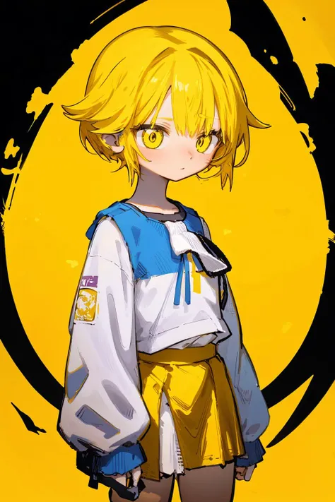 1girl, standing, upper body, yellow background, <lora:kikentest1:1>