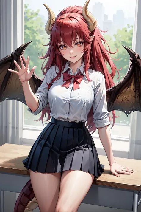 masterpiece, best quality, absurdres, 1girl, solo, ZentreyaDragon, horns, dragon tail, dragon wings, long hair, classroom, window, school uniform, dress shirt, pleated skirt, waving at viewer, smile, <lora:CHAR-ZentreyaDragon:0.8>