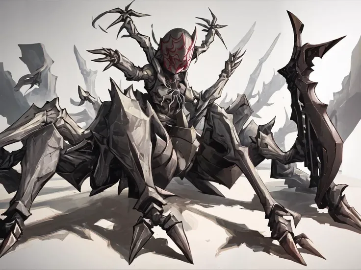 (solo:1.8),(spider:1.4),
gradient background,science fiction,mecha,
spikes,armor,holding weapon,sword,axe,helmet,gauntlets,
claws,wings,horns,sharp teeth,
<lora:K-SUWABE-Monsters:0.8>