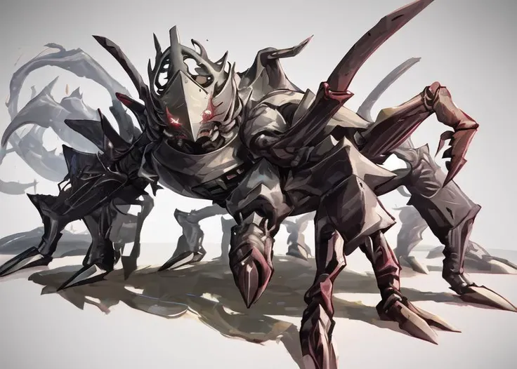 absurdres,(solo:1.8),(Crab),
gradient background,science fiction,
spikes,armor,holding weapon,
claws,horns,crustaceans,mecha,
<lora:K-SUWABE-Monsters:1>