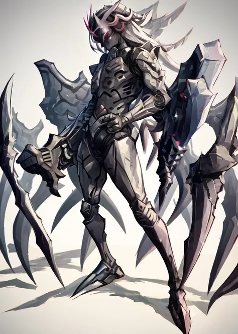 absurdres,(solo:1.8),(demon),
gradient background,science fiction,
spikes,armor,holding weapon,sword,gauntlets,
claws,mecha,wings,
<lora:K-SUWABE-Monsters:1>