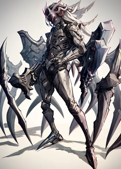 absurdres,(solo:1.8),(demon),
gradient background,science fiction,
spikes,armor,holding weapon,sword,gauntlets,
claws,mecha,wings,
<lora:K-SUWABE-Monsters:1>
