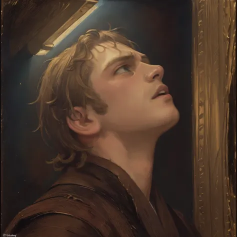 (masterpiece, best quality, ultra-detailed, best shadow), (detailed background, portrait, medieval portrait, oil painting style, oil painting, looking up, renaissance painting, expressionless), (handsome detailed face, masculine features, mature face, strong jawline), (best illumination), ((cinematic light)), colorful, hyper detail, dramatic light, intricate details, (man wearing brown old robe, Anakin Skywalker, jedi, ragged robe, serious, anger, dark, regret, emotions, sadness, saint halo)