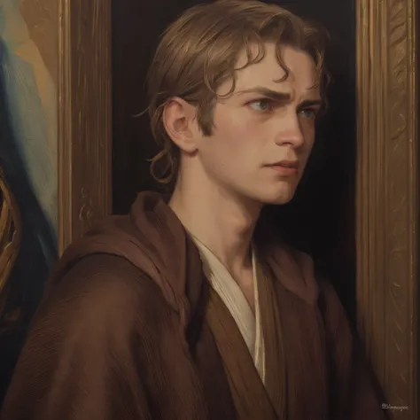 (masterpiece, best quality, ultra-detailed, best shadow), (detailed background, portrait, medieval portrait, oil painting style, oil painting, renaissance painting, expressionless), (handsome detailed face, masculine features, mature face, strong jawline), (best illumination), ((cinematic light)), colorful, hyper detail, dramatic light, intricate details, (man wearing brown old robe, Anakin Skywalker, jedi, ragged robe, serious, anger, dark, regret, emotions, sadness, saint halo)