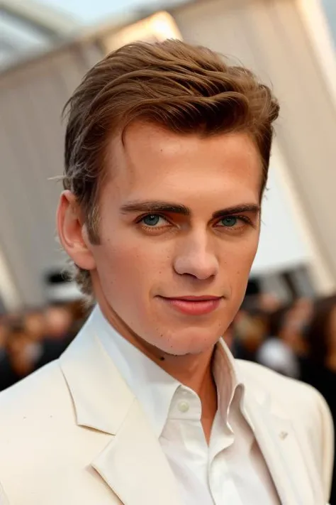 raw photo of a handsome young man, short hair, looking at the camera, at the oscars, in a stunning white suit, (holding a lightsaber), people in the background, close up, 8k uhd, fujifilm xt3