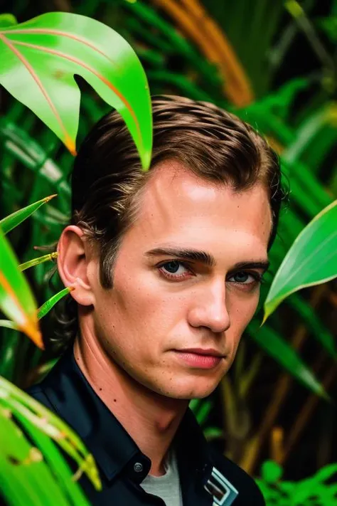 raw photo of a man, in a jungle paradise, stunning black suit, (short hair), (extreme close up), 8k uhd, fujifilm xt3