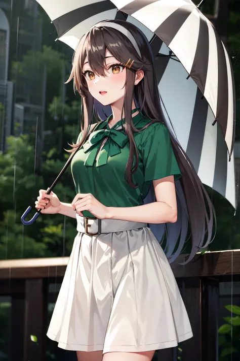masterpiece, best quality, highres, hmharuna, white hairband, hairclip, green shirt, blouse, short sleeves, white skirt, <lora:haruna_v1:0.8>, standing, holding umbrella, umbrella, rain, rainy day, cowboy shot
