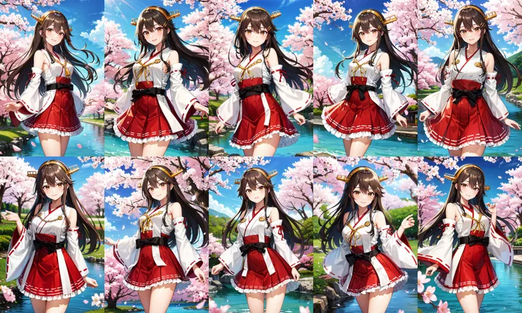 masterpiece, best quality, highres, hmharuna, headgear, hair ornament, hairclip, japanese clothes, detached sleeves, ribbon-trimmed sleeves, red skirt, outdoors, stream, cherry blossoms, smile, cowboy shot, standing <lora:haruna_v1:0.8>