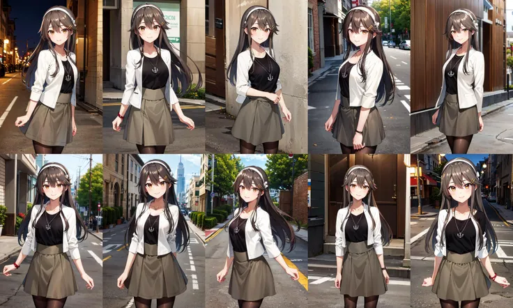 masterpiece, best quality, highres, hmharuna, white hairband, hairclip, anchor necklace, jewelry, white jacket, pantyhose, black shirt, grey skirt, <lora:haruna_v1:0.8>, cowboy shot, standing, street, smile, arms at sides, straight-on,