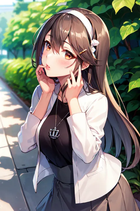 (masterpiece,best quality,highres,8k:1.2),
1girl,(mature female:1.3),(kissing cheek:1.3),
<lora:haruna_v1:0.8>,hmharuna, white hairband, hairclip, anchor necklace, jewelry, white jacket, pantyhose, black shirt, grey skirtï¼
large breasts,blush,looking at viewer,
outdoors,