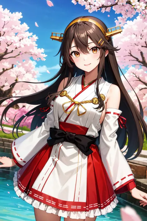 masterpiece, best quality, highres, hmharuna, headgear, hair ornament, hairclip, japanese clothes, detached sleeves, ribbon-trimmed sleeves, red skirt, outdoors, stream, cherry blossoms, smile, cowboy shot, standing <lora:haruna_v1:0.8>