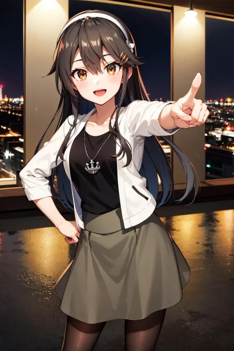 masterpiece, best quality, highres, hmharuna, white hairband, hairclip, anchor necklace, jewelry, white jacket, pantyhose, black shirt, grey skirt, <lora:haruna_v1:0.8>, hand on hip, city, night, pointing at viewer, smile, open mouth,