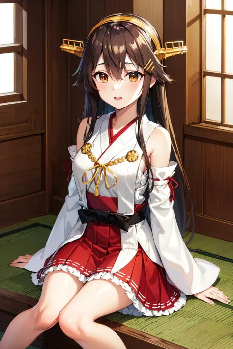 masterpiece, best quality, highres, hmharuna, headgear, hair ornament, hairclip, japanese clothes, detached sleeves, ribbon-trimmed sleeves, red skirt, <lora:haruna_v1:0.8>, indroos, sitting,