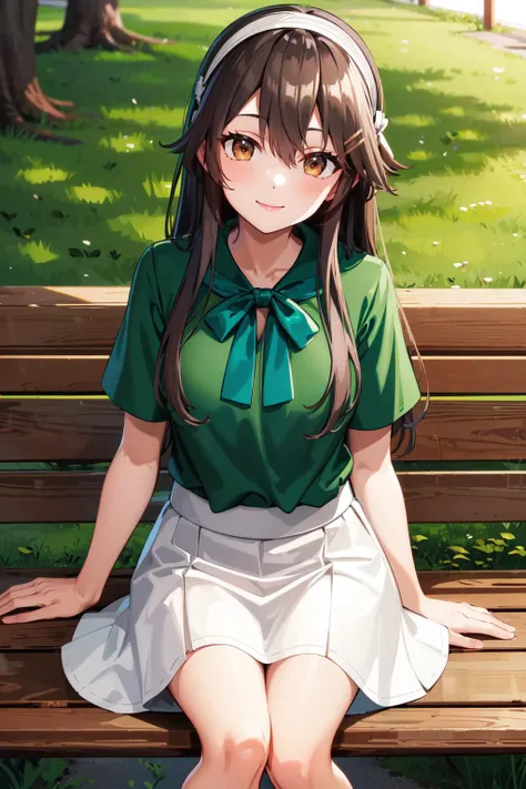 masterpiece, best quality, highres, hmharuna, white hairband, hairclip, green shirt, blouse, short sleeves, white skirt, <lora:haruna_v1:0.8>, sitting, bench, smile,