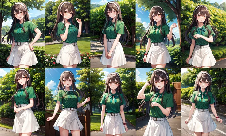 masterpiece, best quality, highres, hmharuna, white hairband, hairclip, green shirt, blouse, short sleeves, white skirt, <lora:haruna_v1:0.8>, standing, cowboy shot, outdoors,