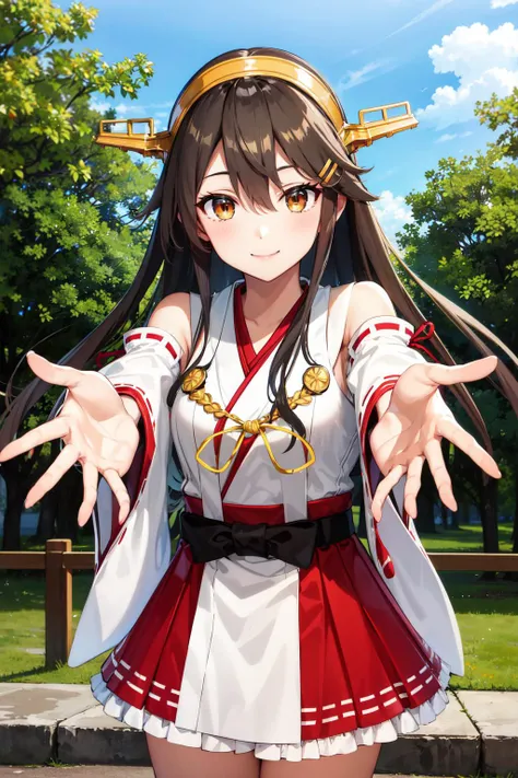 masterpiece, best quality, highres, hmharuna, headgear, hair ornament, hairclip, japanese clothes, detached sleeves, ribbon-trimmed sleeves, red skirt, <lora:haruna_v1:0.8>, outdoors, reaching out, smile